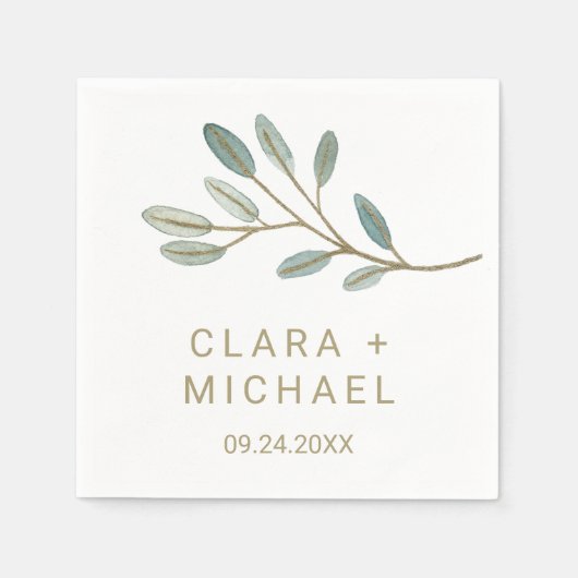 Serviette En Papier Mariage d'eucalyptus veiné or (Devant)