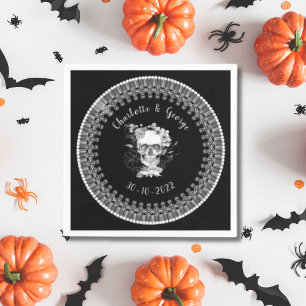 Serviette En Papier Mariage d'Halloween Crâne Floral Gothique Noir et