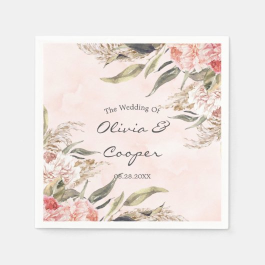 Serviette En Papier Mariage d'herbe Neutral Boho rose Peony Pampas (Devant)
