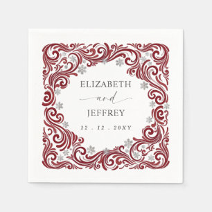 Serviette En Papier Mariage d'hiver aux flocons de neige rouge argenté