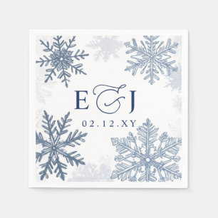 Serviette En Papier Mariage d'hiver flocons de neige bleu argent Monog