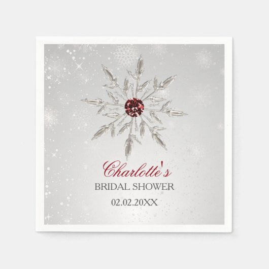 Serviette En Papier Mariage d'hiver Flocons de neige Rouges Argentés (Devant)