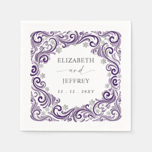 Serviette En Papier Mariage d'hiver flocons de neige violet argenté