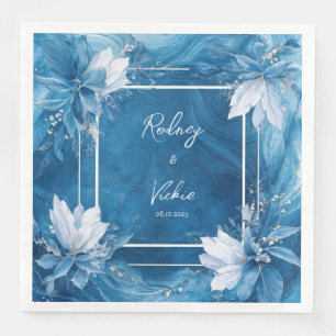 Serviette En Papier Mariage d'hiver floral blanc bleu royal Art liquid