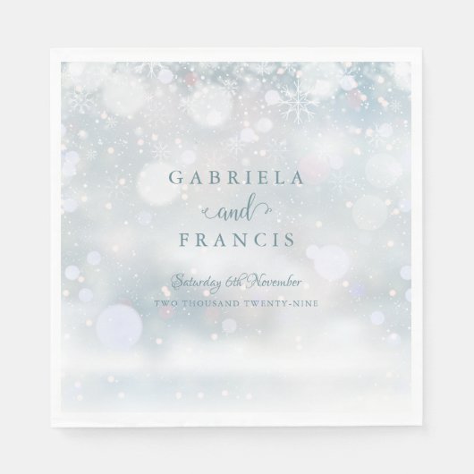 Serviette En Papier Mariage d'hiver Snowflakes Élégant Script (Devant)