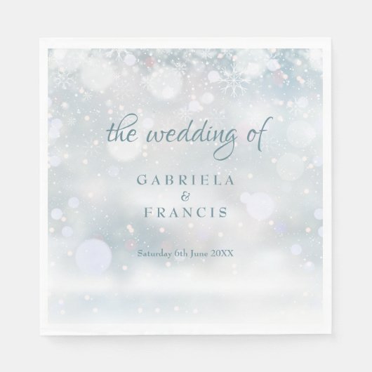 Serviette En Papier Mariage d'hiver Snowflakes Élégant Script (Devant)