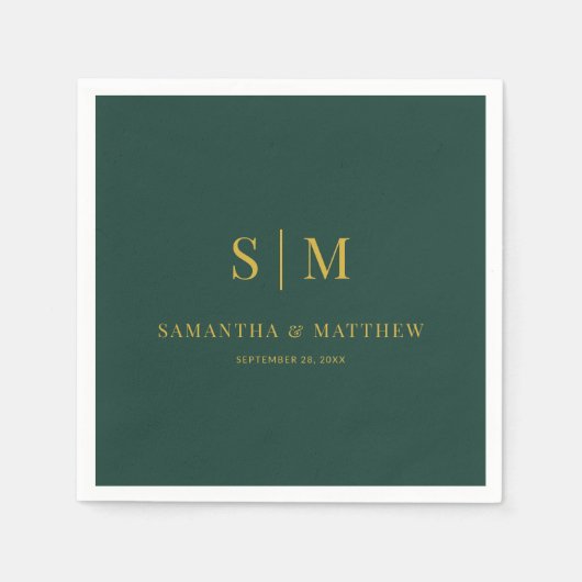 Serviette En Papier Mariage d'initiaux simples vert et or (Devant)