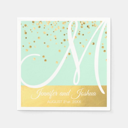 Serviette En Papier Mariage d'or Monogramme Mint Green (Devant)