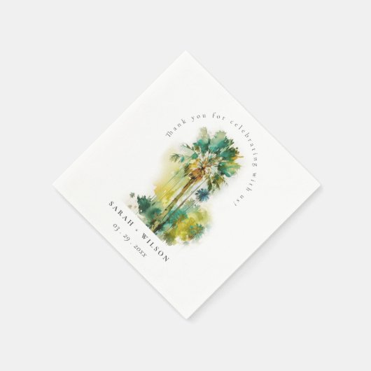 Serviette En Papier Mariage Dusky Green Tropical Aquarelle Palm Trees (Coin)