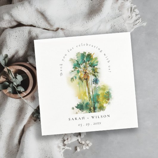Serviette En Papier Mariage Dusky Green Tropical Aquarelle Palm Trees
