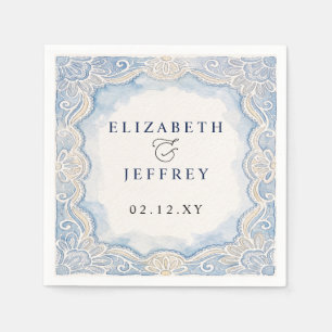 Serviette En Papier Mariage Dusty Blue Ivoire Dentelle Old Money