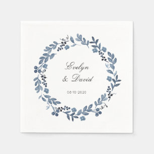 Serviette En Papier Mariage Dusty Blue Watercolor Nom et date Napkin