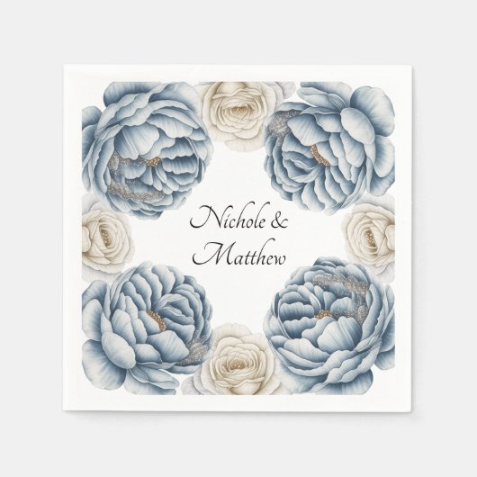 Serviette En Papier Mariage Dusty Blue & White Peony (Devant)