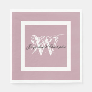 Serviette En Papier Mariage Dusty rose Élégant Monogramme + Noms papie