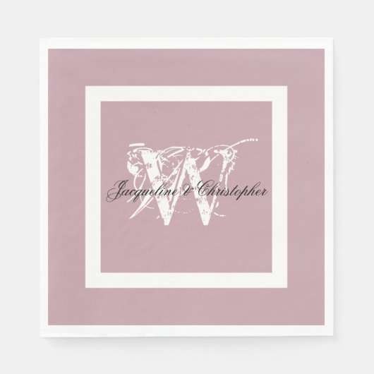Serviette En Papier Mariage Dusty rose Élégant Monogramme + Noms papie (Devant)