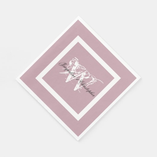 Serviette En Papier Mariage Dusty rose Élégant Monogramme + Noms papie (Coin)