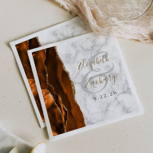 Serviette En Papier Mariage écriture or marbré agate orange brûlée