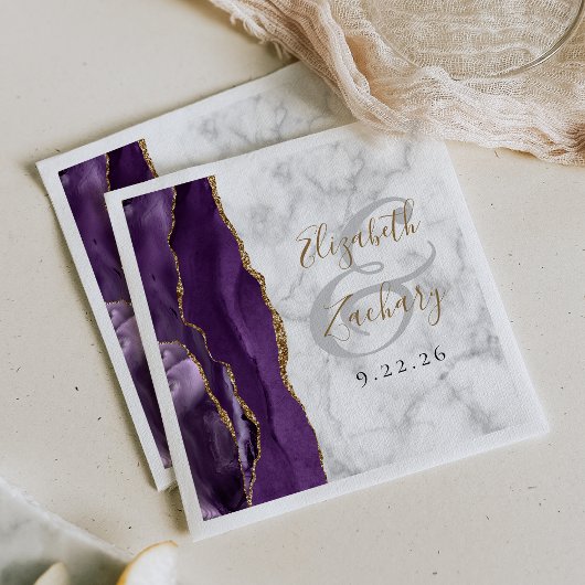 Serviette En Papier Mariage écriture or marbre agate violette