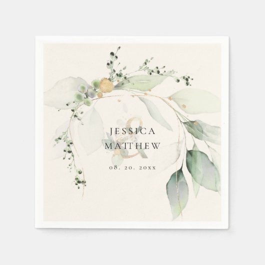 Serviette En Papier Mariage Ecru Ecru Eucalyptus vert moderne (Devant)