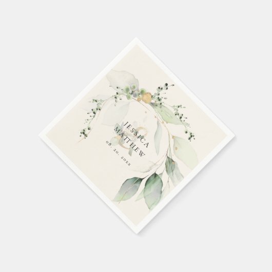 Serviette En Papier Mariage Ecru Ecru Eucalyptus vert moderne (Coin)