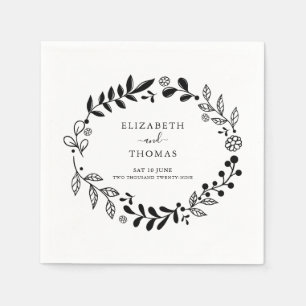 Serviette En Papier Mariage Élégant à Guirlande Florale Noir et Blanc