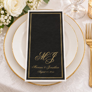 Serviette En Papier Mariage élégant à monogramme noir or script