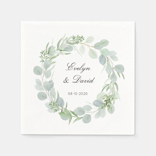 Serviette En Papier Mariage Elegant Aquarelle Nom et date Napkin (Devant)