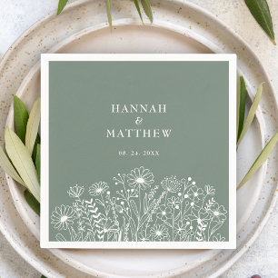 Serviette En Papier Mariage Élégant aux Fleurs Sauvages Vert Sauge
