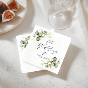 Serviette En Papier Mariage Élégant avec Décoration Dorée et Verdure