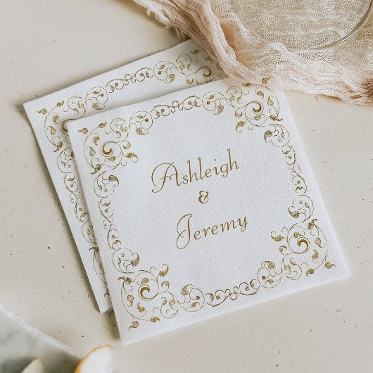 Serviette En Papier Mariage Élégant avec Feuillage en Script Doré
