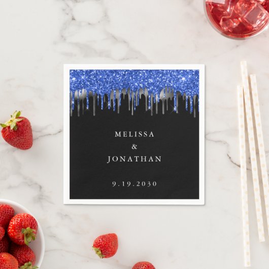 Serviette En Papier Mariage élégant Black Blue Silver Parties scintill (En situation)