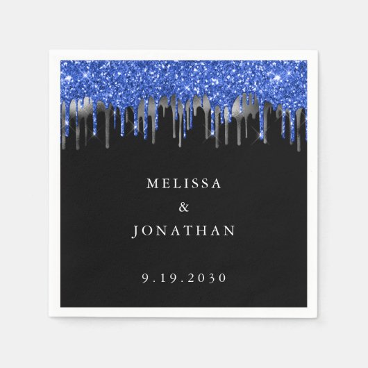 Serviette En Papier Mariage élégant Black Blue Silver Parties scintill (Devant)