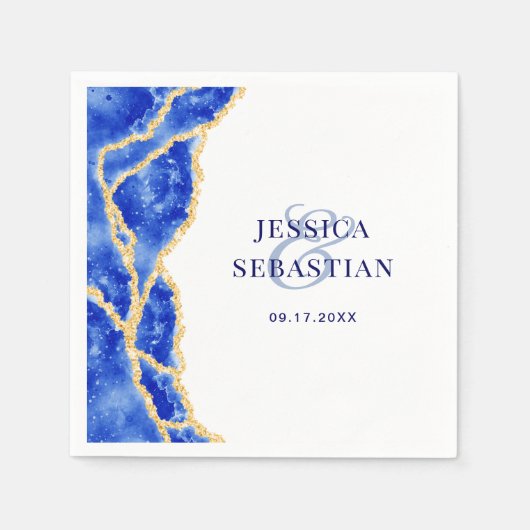 Serviette En Papier Mariage élégant blanc, bleu royal et agate dorée (Devant)