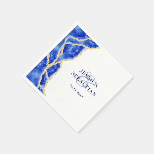 Serviette En Papier Mariage élégant blanc, bleu royal et agate dorée (Coin)