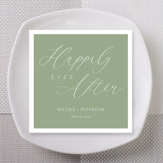 Serviette En Papier Mariage Élégant Blanc Flourish Vert Sauge