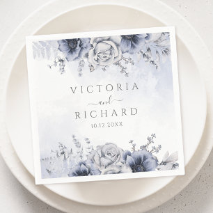 Serviette En Papier Mariage Élégant Bleu Dusty Et Floral Navy