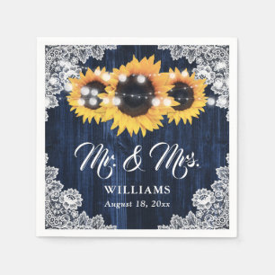 Serviette En Papier Mariage élégant bleu marine tournesol floral dente