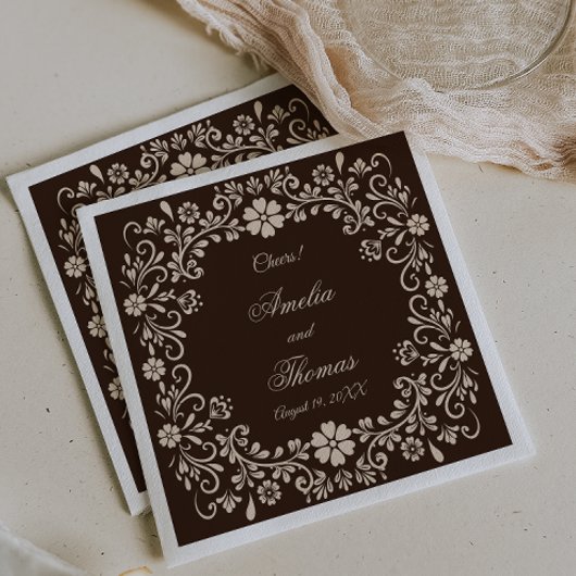 Serviette En Papier Mariage Élégant Brun Rustique 