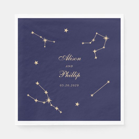 Serviette En Papier Mariage élégant constellation bleu et or (Devant)