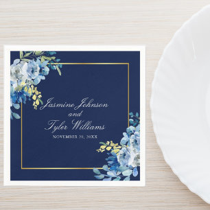 Serviette En Papier Mariage élégant de soirée floral or bleu marine