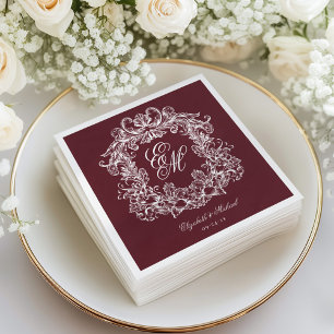 Serviette En Papier Mariage élégant en burgundy avec monogramme et bla