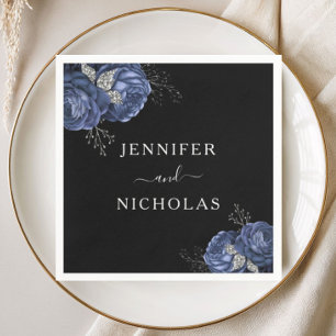 Serviette En Papier Mariage Élégant Floral Bleu Noir