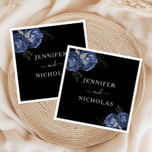Serviette En Papier Mariage Élégant Floral Bleu Noir