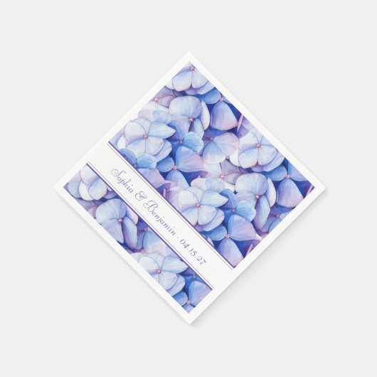 Serviette En Papier Mariage élégant Floral Hydrangea Blue & Lavender (Coin)