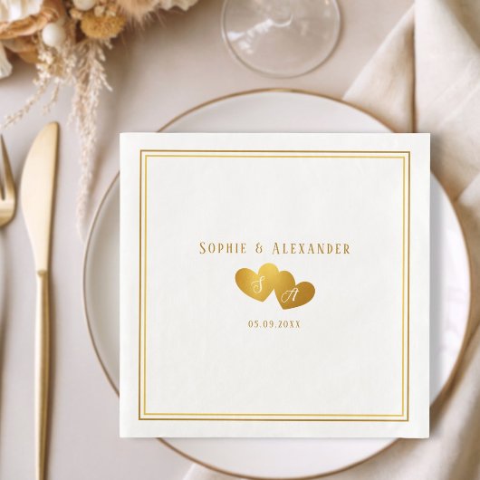Serviette En Papier Mariage Élégant Initiales Double Cœur