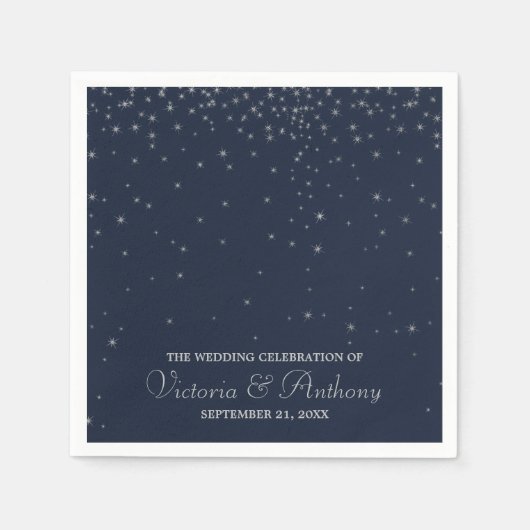 Serviette En Papier Mariage Elegant Marine & Silver Falling Stars (Devant)