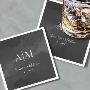 Serviette En Papier Mariage Élégant Minimaliste Monogramme Noir et Bla