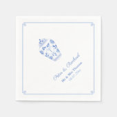 Serviette En Papier Mariage Élégant Monogramme Bleu Blanc Chinoiserie  (Devant)