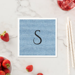 Serviette En Papier Mariage élégant monogramme bleu faux lin