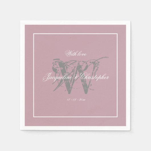 Serviette En Papier Mariage Élégant Monogramme Chic Dusty Papier rose (Devant)